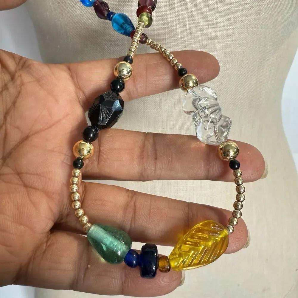 Vintage Multicolor Glass Bead Necklace Boho Long Gold Tone Eclectic Jewelry 21”